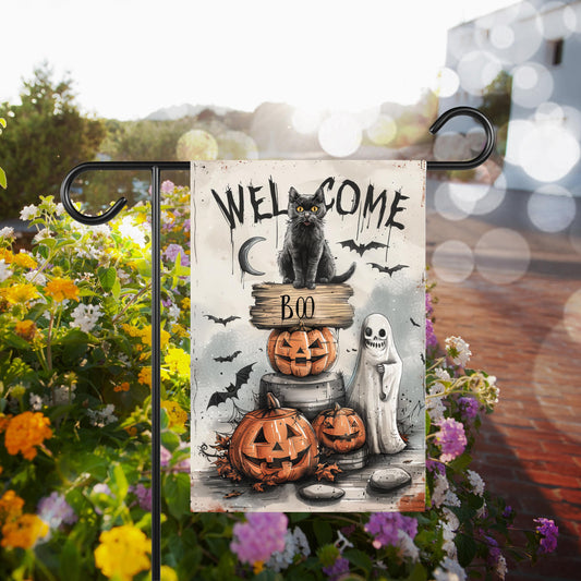 Spooky Halloween Garden Flag - Black Cat Ghosts  Bats Design  12x18 Inch Outdoor Decor