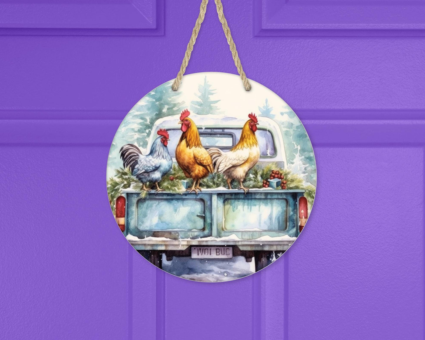 Colorful Farm Truck Door Wreath, Round Aluminum 10x10 Home Decor, Unique Gifts for Chicken Lover, Unique Wreath, Whimsical Decor, Farmhouse