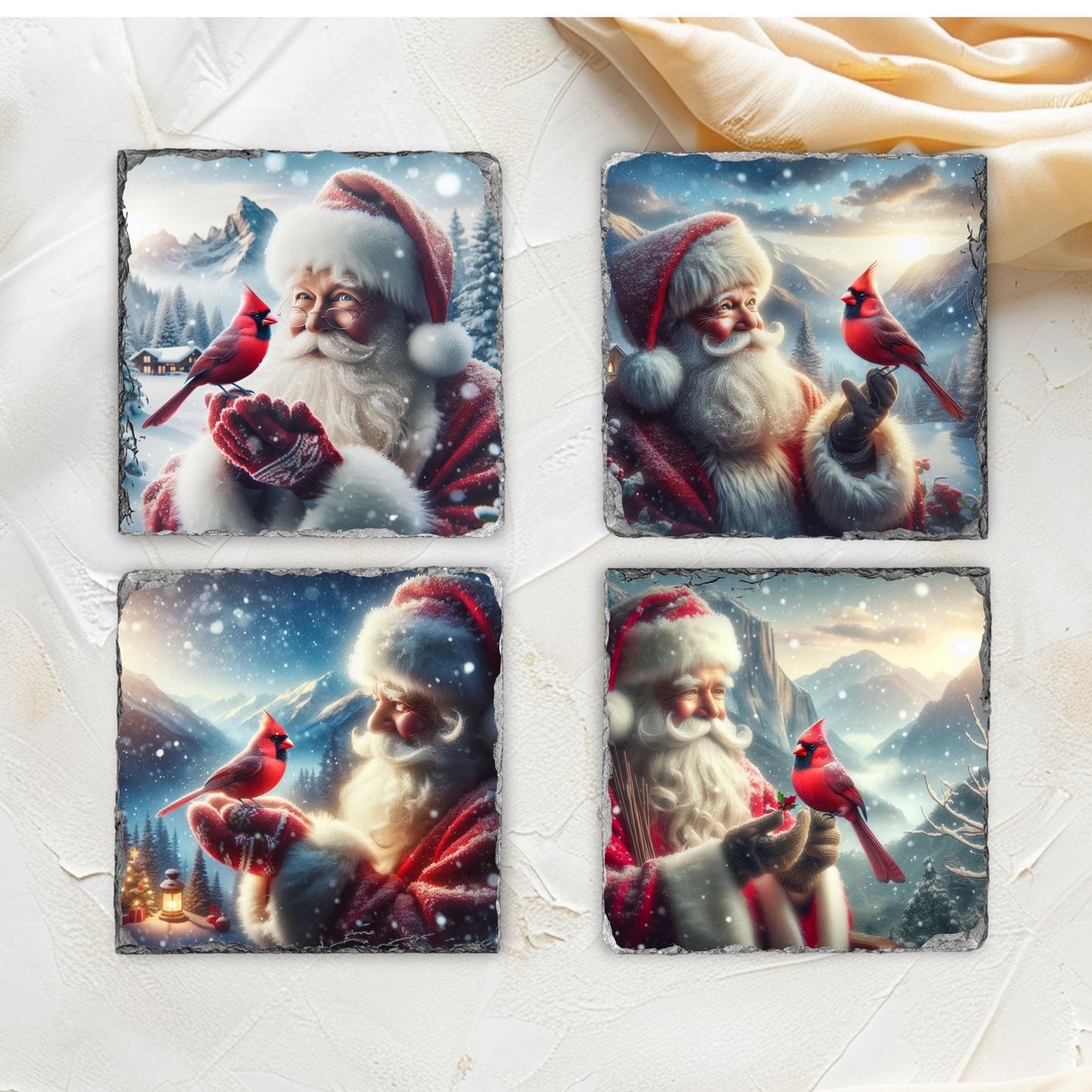Slate Coaster Set with Santa  Cardinal Winter Scene - Fractured Edged Coasters for Holiday Decor  Gifting