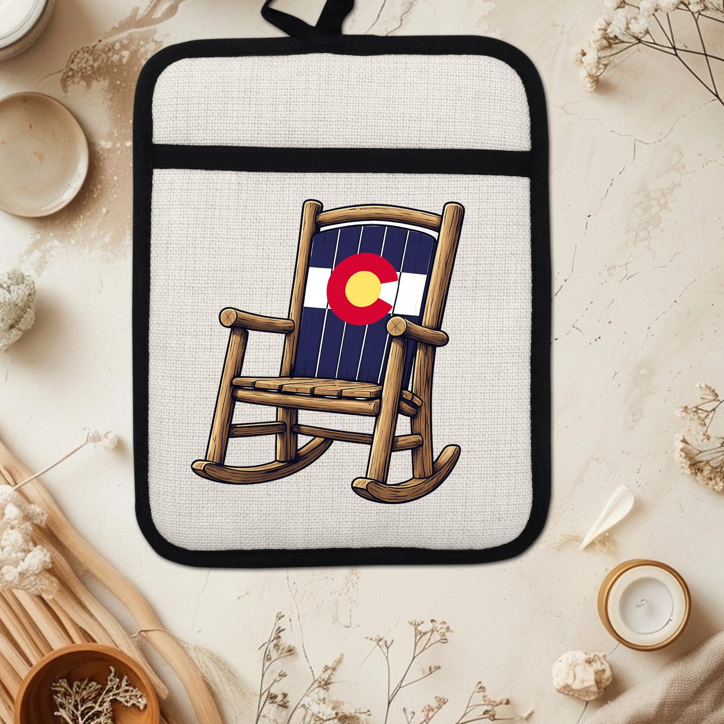 Linen Oven Mitt - Colorado Rocking Chair Pot Holder with Trivet & Heat Resistant Design