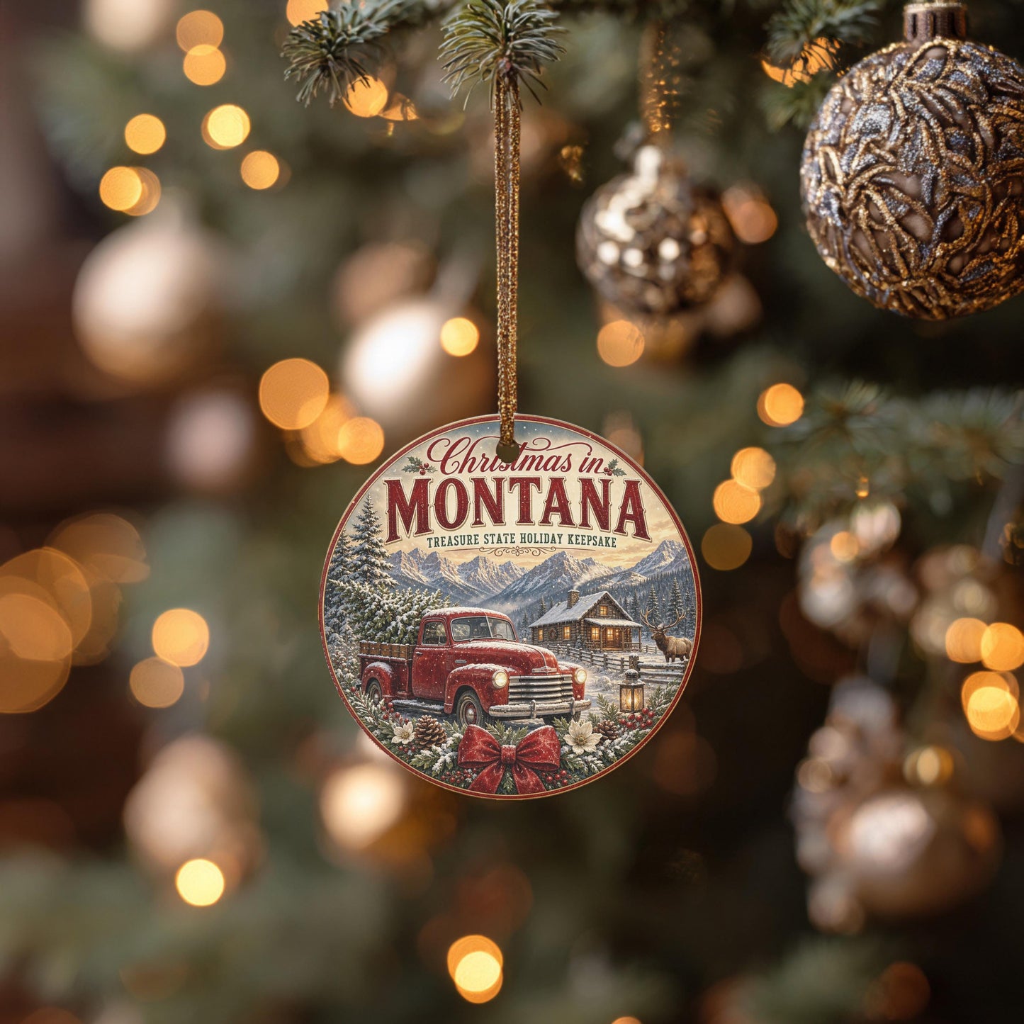 Montana Christmas Ornament, Rustic Cabin Scene | Ceramic, 3 Inch