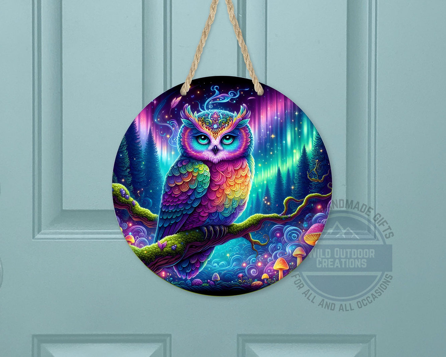 Rainbow Owl Wall Art – Psychedelic Forest Scene | Round Aluminum Sign With Fade Resistant Print