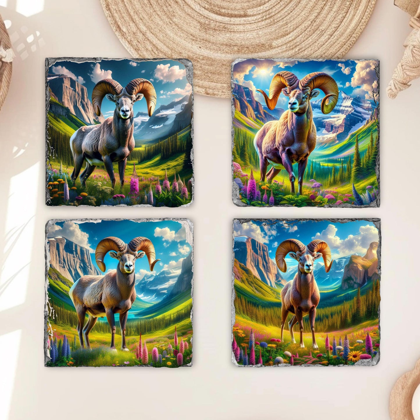 Slate Coaster Set Featuring Big Horn Sheep Mountain Valley and Wildflowers with Black Rack - Ideal Nature Gift
