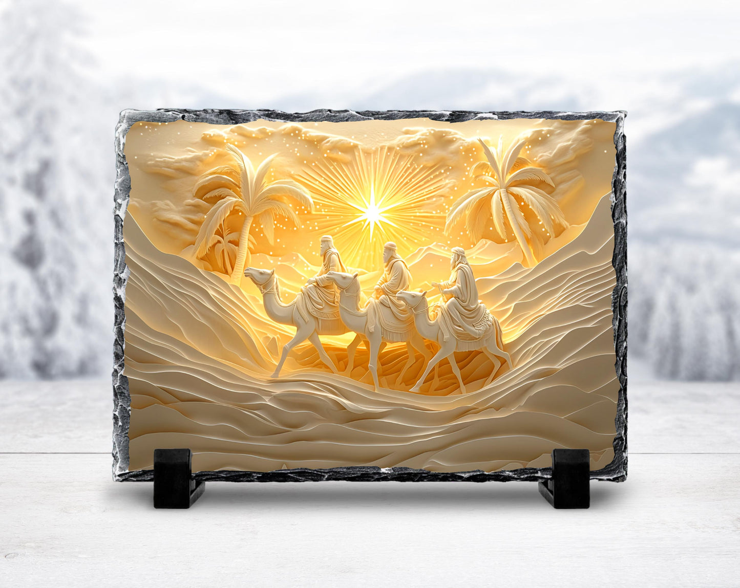 3 Wise Men Nativity Slate Plaque - Elegant Gold  White Design with Fractured Edge Ideal Christmas Gift or Religious Decor
