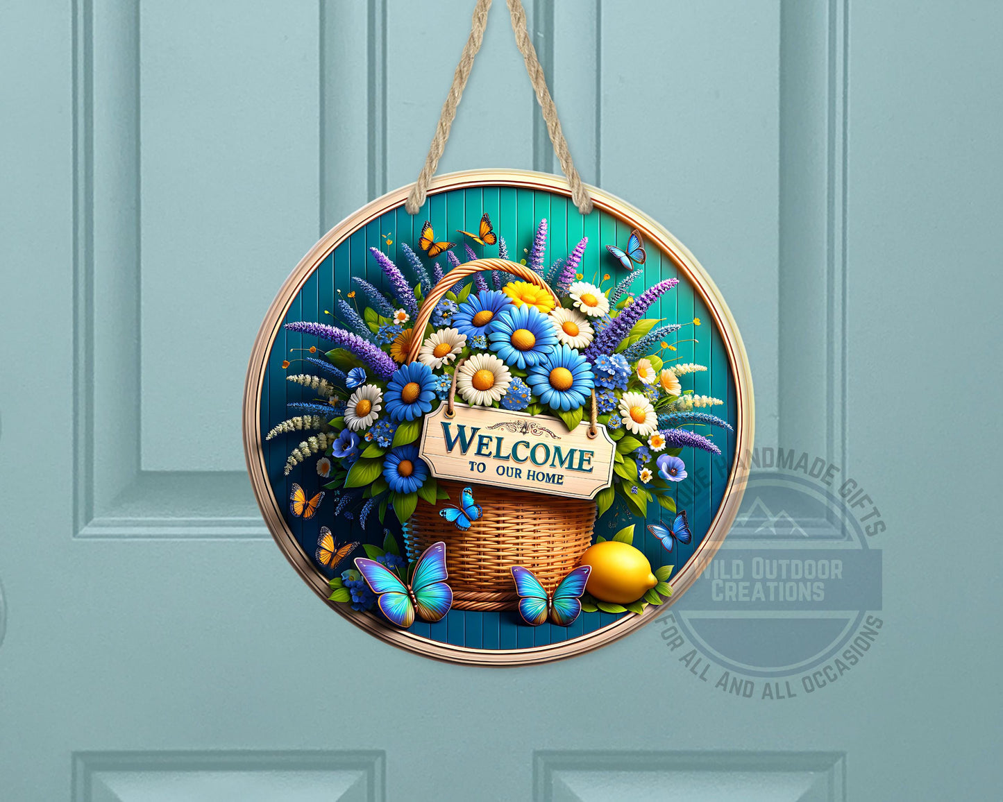 Welcome Door Sign – Blue Daisy Floral Basket | Outdoor Aluminum Porch Decor