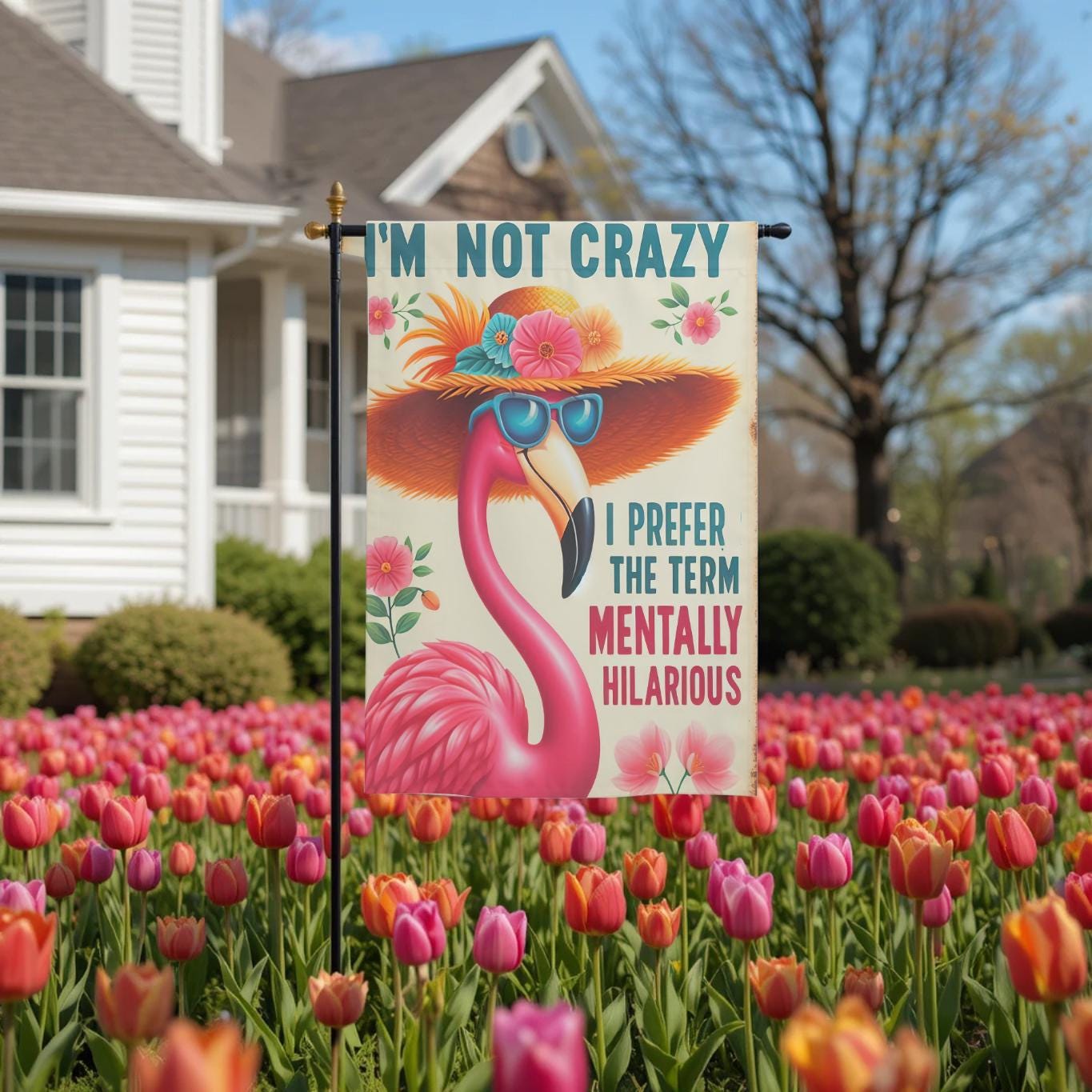 Funny Flamingo Flag – Sassy Garden Decor With Mentally Hilarious Pink Flamingo Design - alternate view