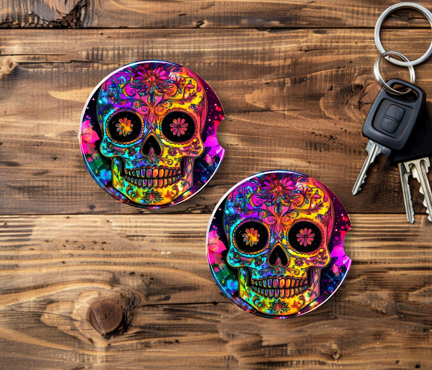Rainbow Sugar Skull Car Coaster - Stylish Sandstone Cup Holder Mat for Vehicle Decor