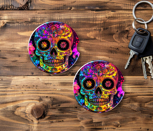 Rainbow Sugar Skull Car Coaster - Stylish Sandstone Cup Holder Mat for Vehicle Decor