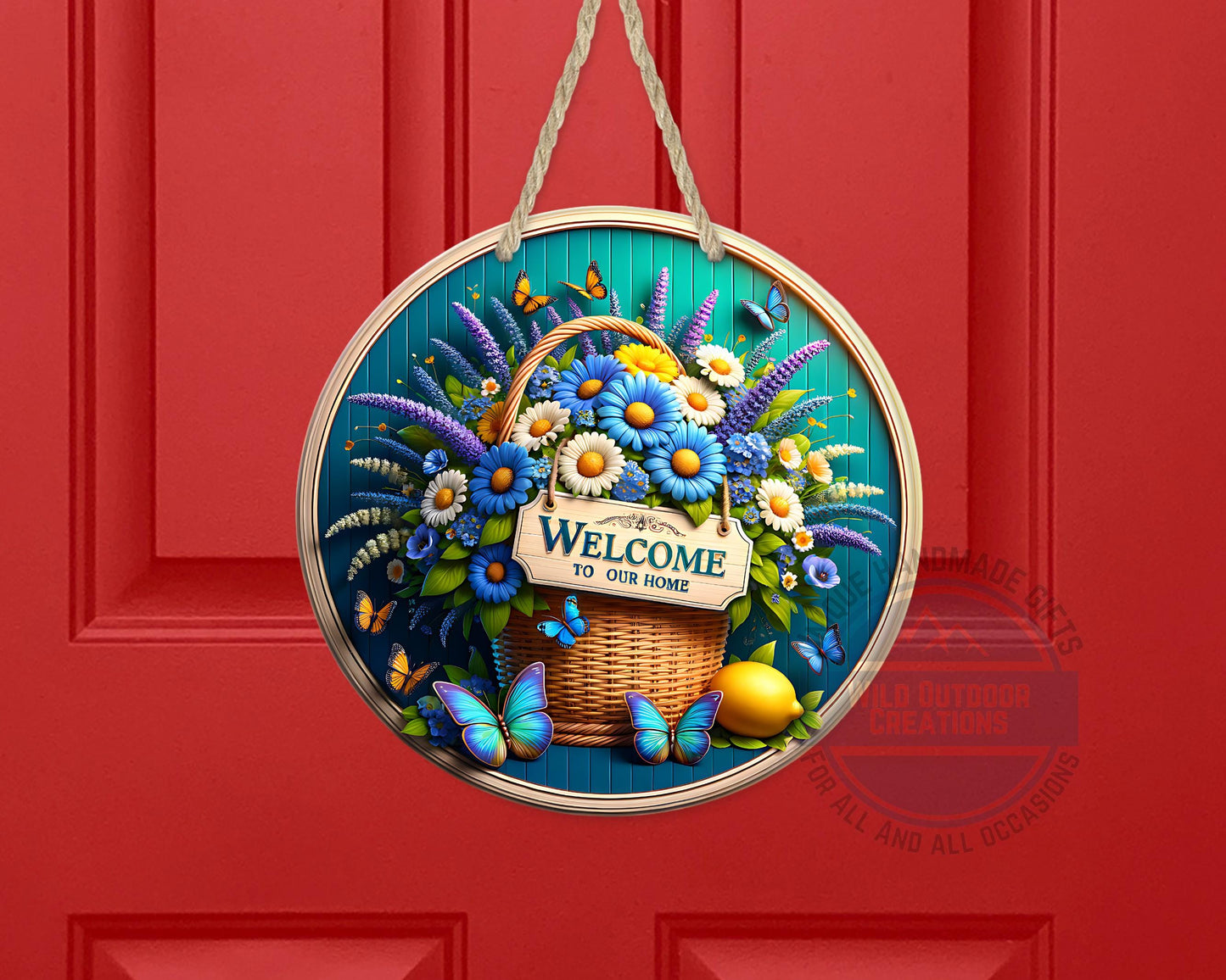 Welcome Door Sign – Blue Daisy Floral Basket | Outdoor Aluminum Porch Decor