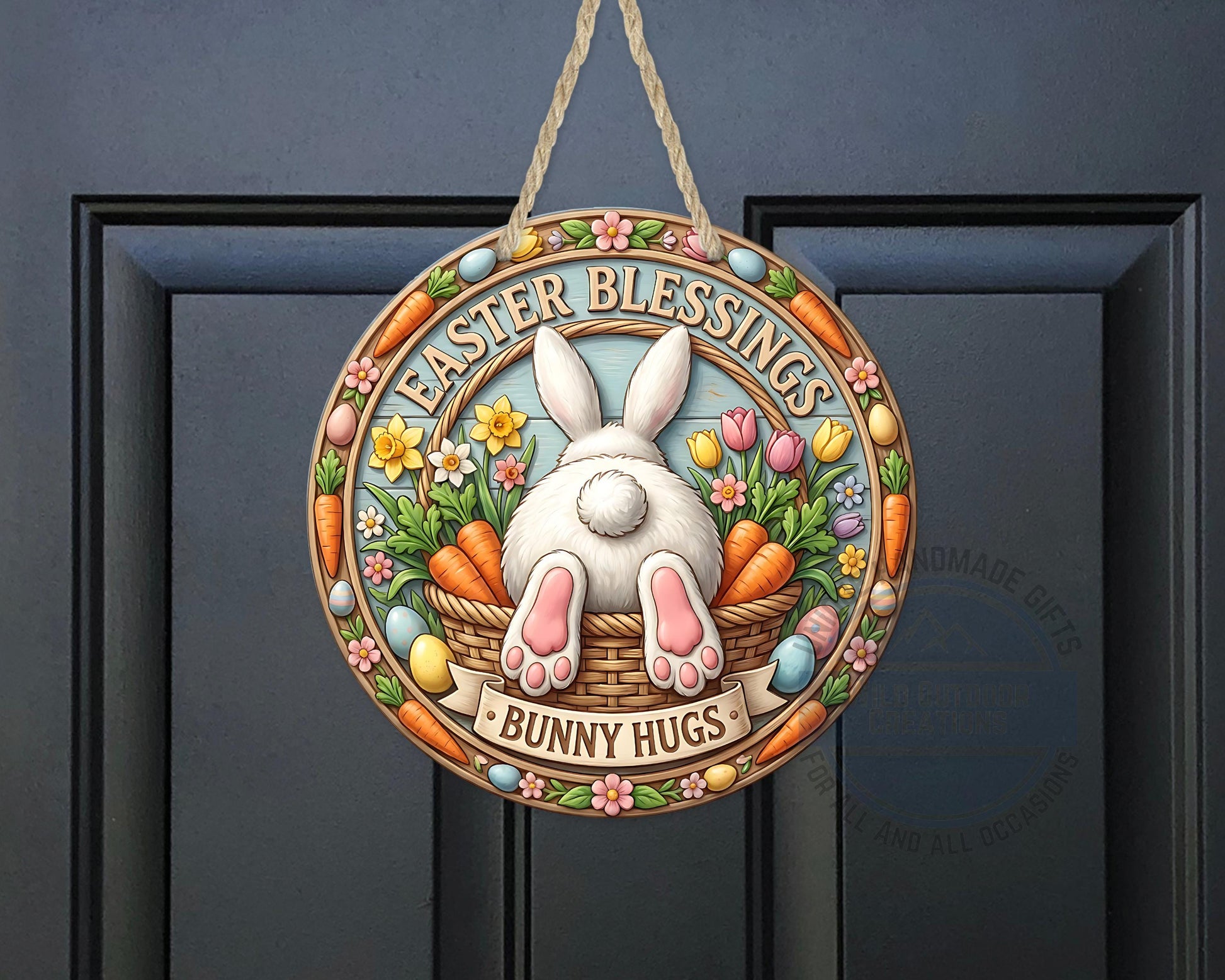 Easter Door Hanger - Round Aluminum Bunny Hugs Sign | Spring Porch Decor - additional product photo 10