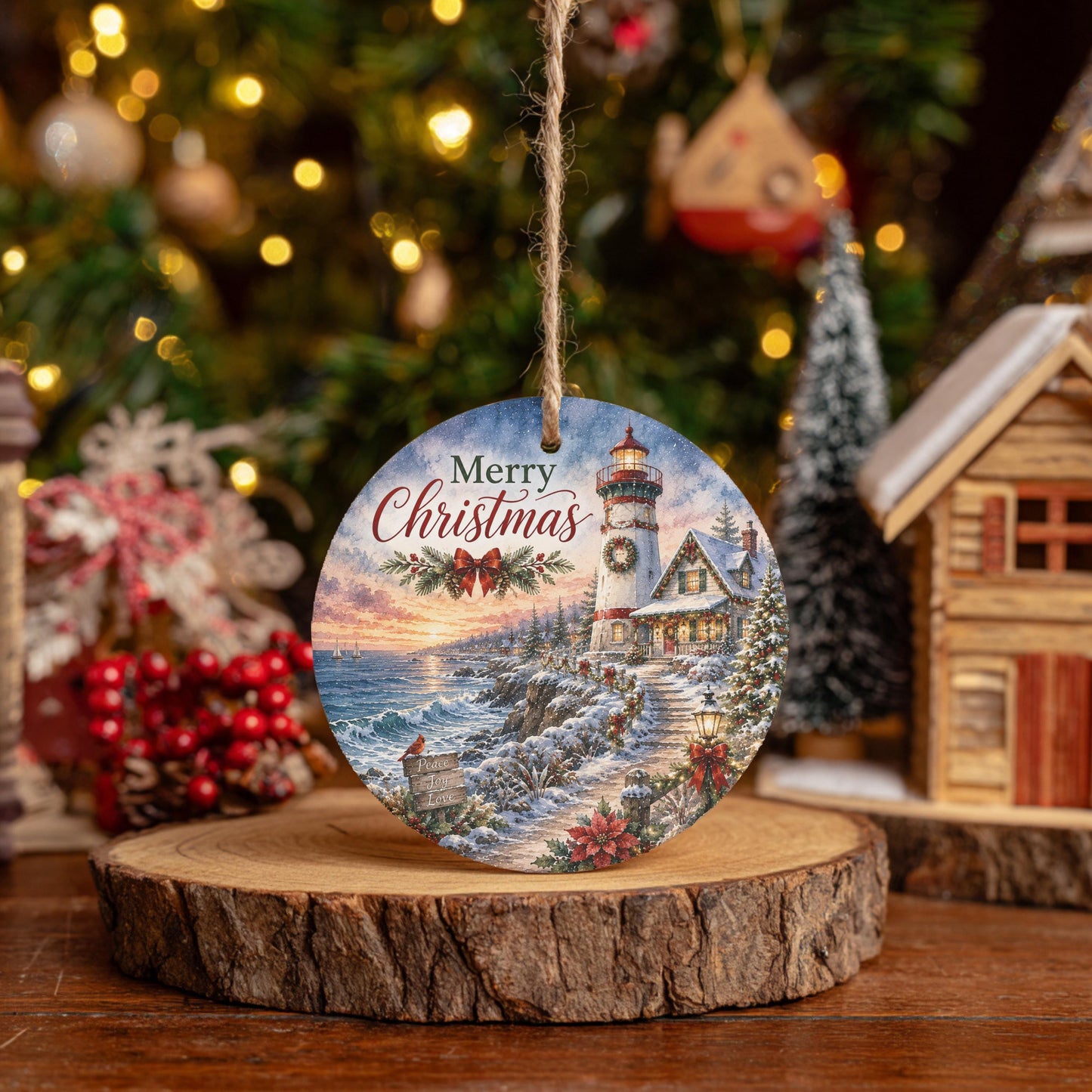 Lighthouse Christmas Ornament, Snowy Coastal Scene | Ceramic 3 Inch