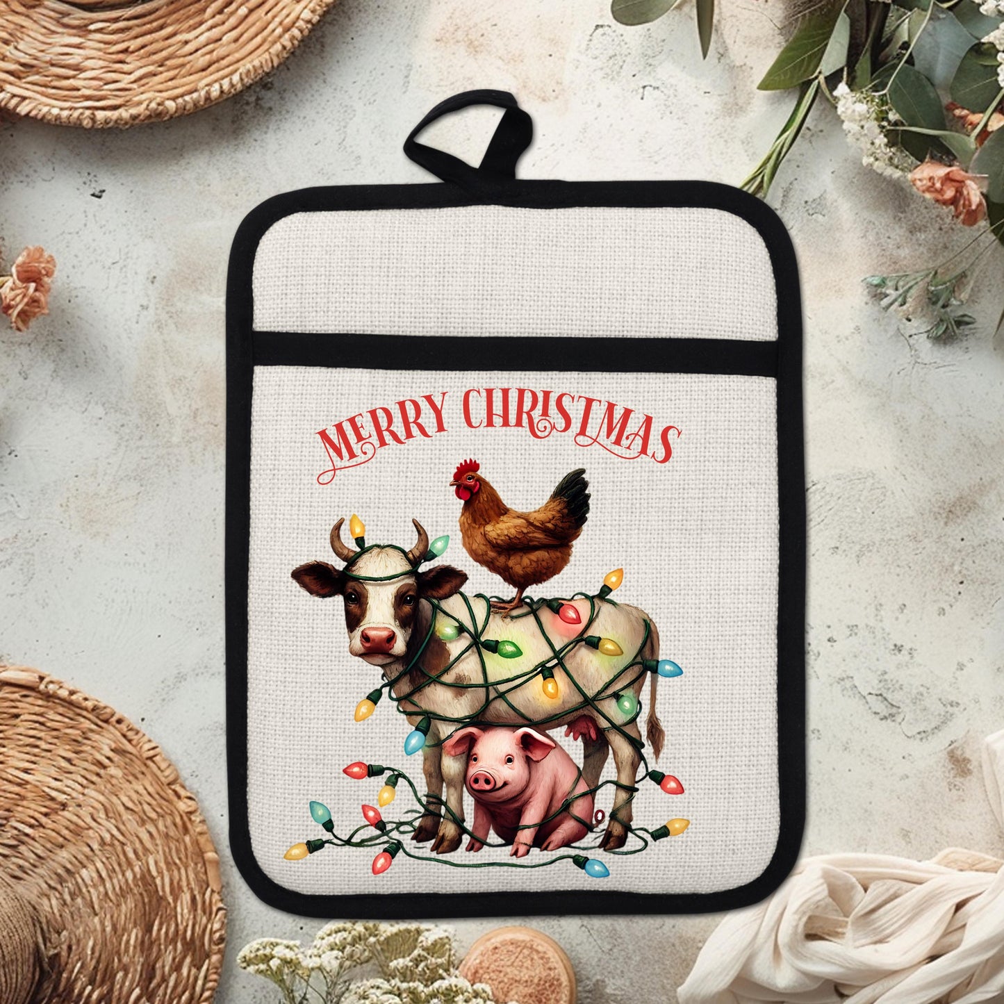 Funny Farm Animal Christmas Pot Holder - Cow Pig  Chicken Design Rustic Linen Hot Pad for Festive Kitchen Decor