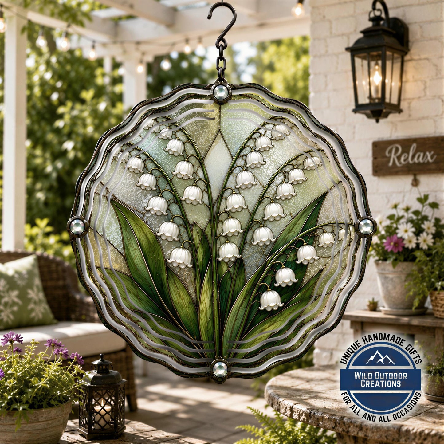 May Birth Flower Lily of the Valley Wind Spinner 10 Inch Faux Stained Glass Decor