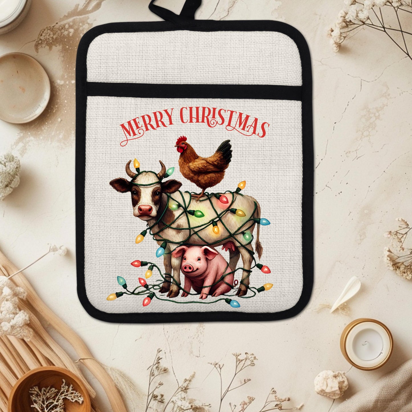Funny Farm Animal Christmas Pot Holder - Cow Pig  Chicken Design Rustic Linen Hot Pad for Festive Kitchen Decor