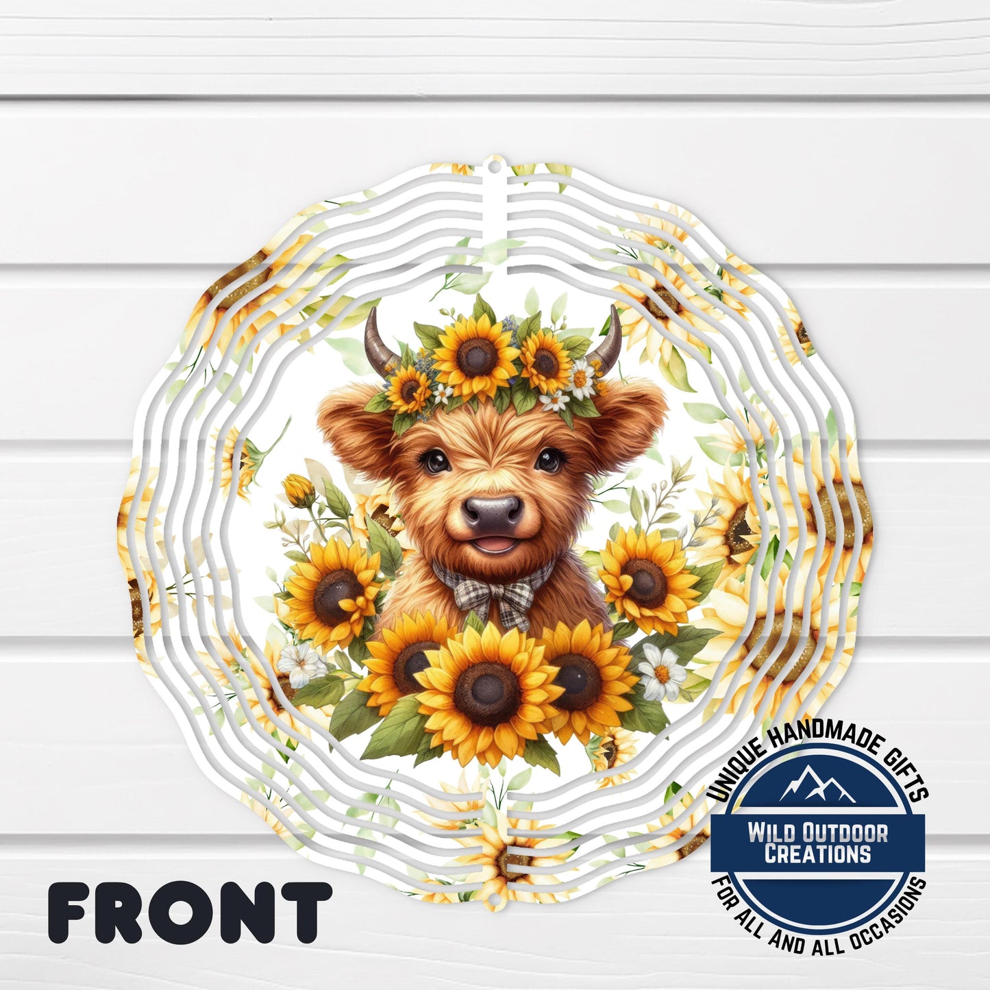 Baby Highland Cow Spinner - Rustic Garden Decor | Sunflower Crown Wind Spinner