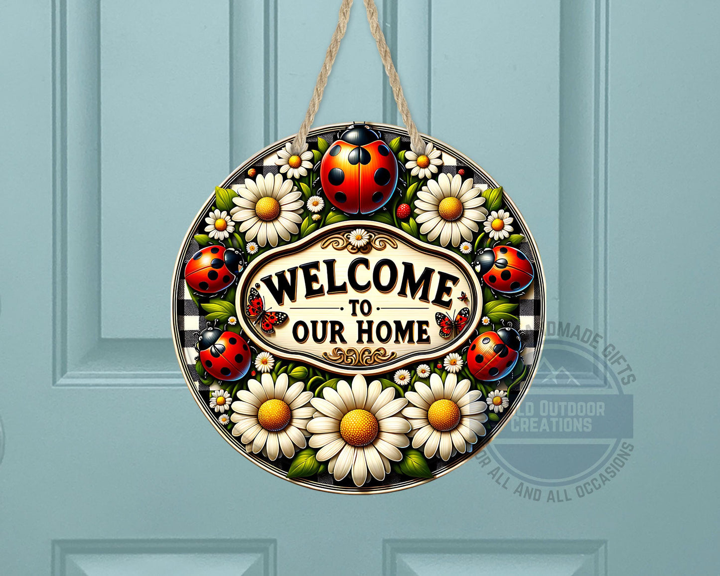 Welcome Door Hanger - Outdoor Aluminum Round Sign With Ladybug & Daisy Design