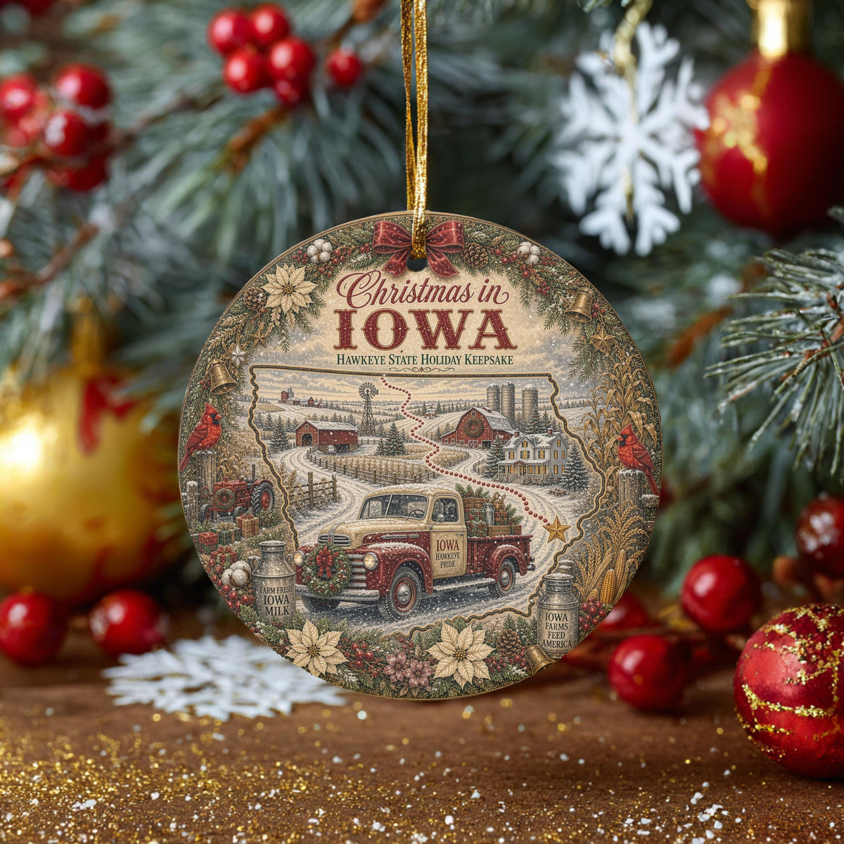 Iowa Christmas Ornament, Vintage Truck Cardinal Ceramic Keepsake