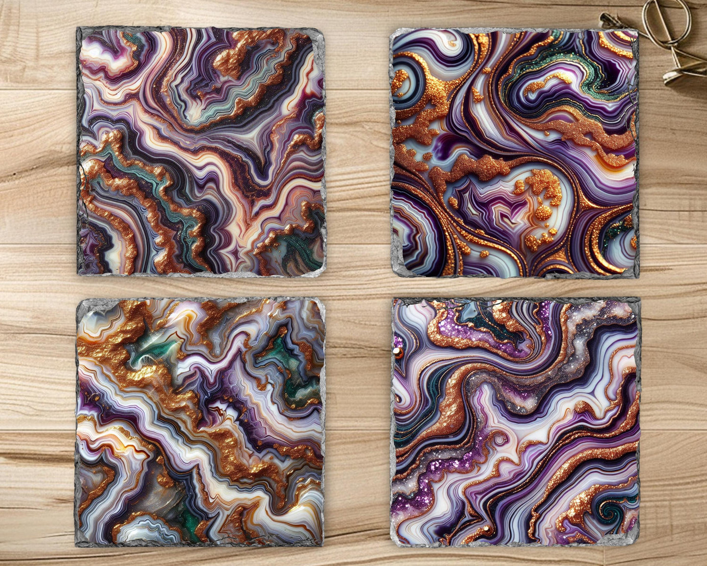 Mardi Gras Coaster Set of 4 - Purple Gold Glitter  Green Agate  Perfect Boho Housewarming Gift