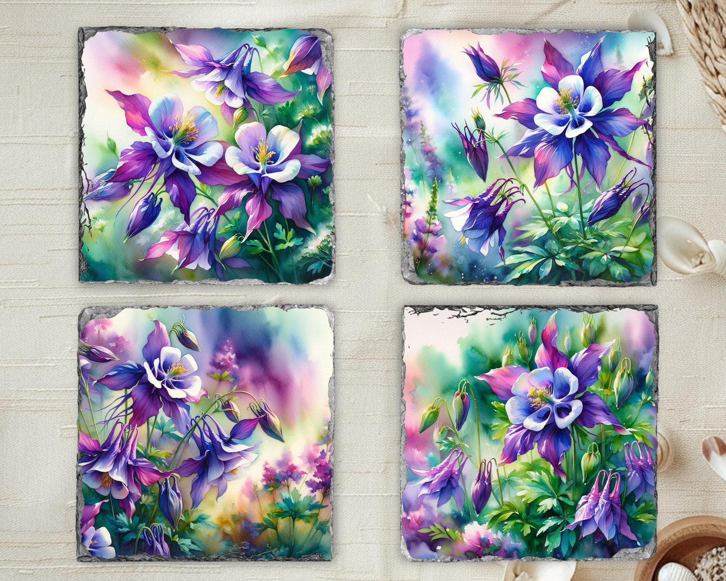 Watercolor Columbine Slate Coaster Set with Fractured Edges - Elegant Nature-Inspired Home Decor
