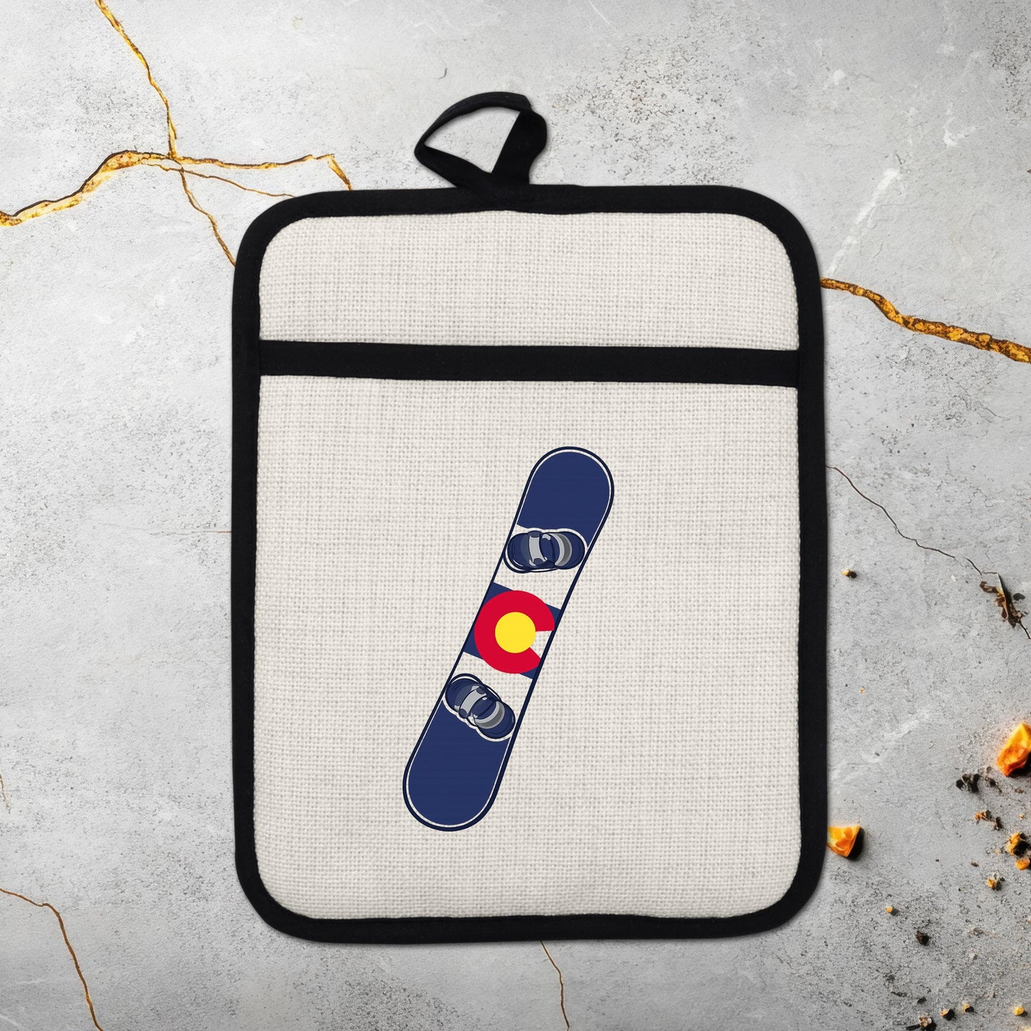 Snowboard Pot Holder - Colorado Flag Design | Linen Fabric & Silicone Backing Pad Trivet