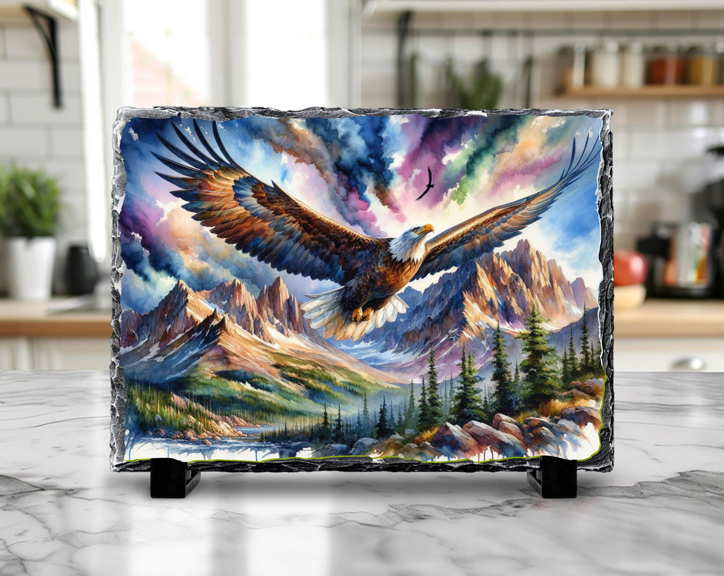 Eagle Slate Art Plaque - Soaring Over Mountain Valley Rustic Wildlife Decor on Fractured Stone