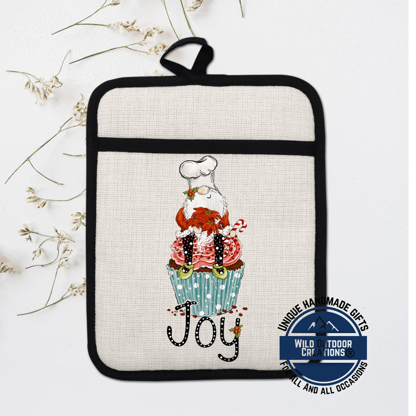 Gnome Pot Holder Linen Hot Pad Christmas Cupcake Joy Baking Kitchen Gift Decor