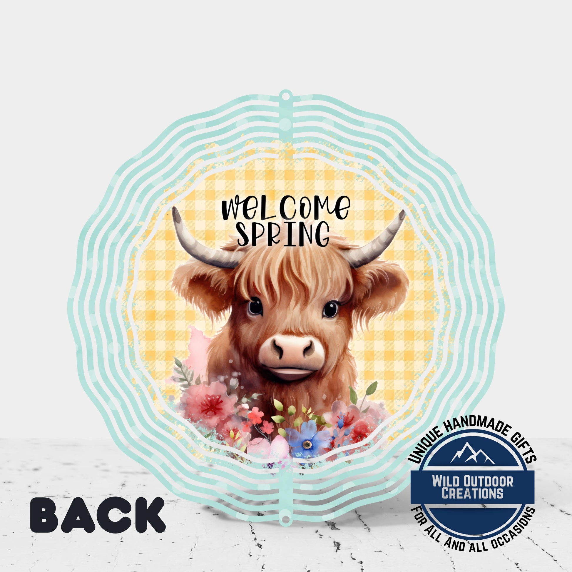 Highland Cow Spinner - Double Sided Outdoor Garden Decor with UV Protected Finish - product dimensions and specifications