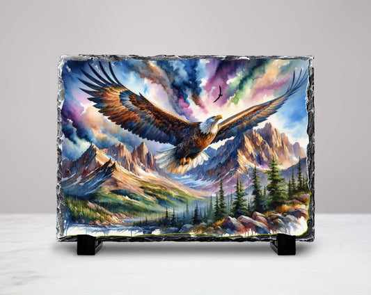 Eagle Slate Art Plaque - Soaring Over Mountain Valley Rustic Wildlife Decor on Fractured Stone