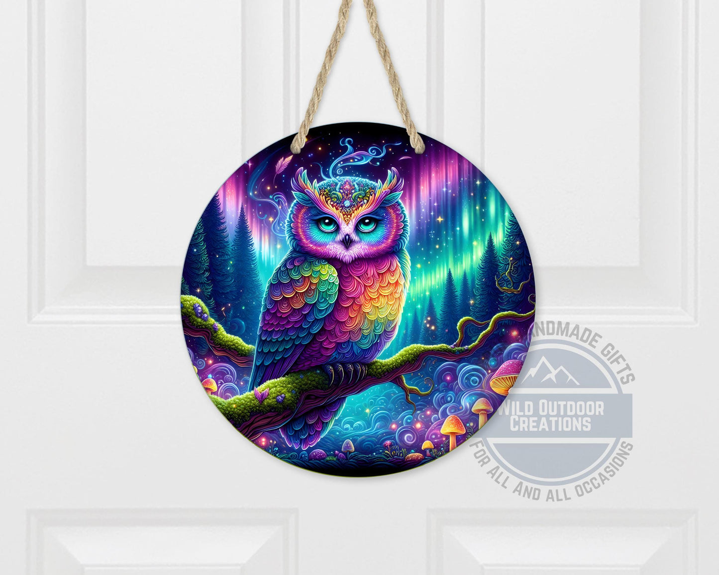 Rainbow Owl Wall Art – Psychedelic Forest Scene | Round Aluminum Sign With Fade Resistant Print