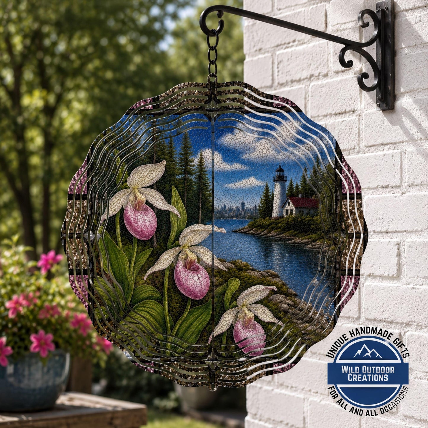 Minnesota State Flower Lady Slipper Wind Spinner Stained Glass Look Lighthouse Decor 10 Inch