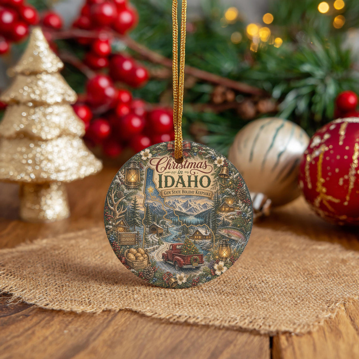 Idaho Ornament, Vintage Truck Ceramic Keepsake, Snowy Cabin Gift