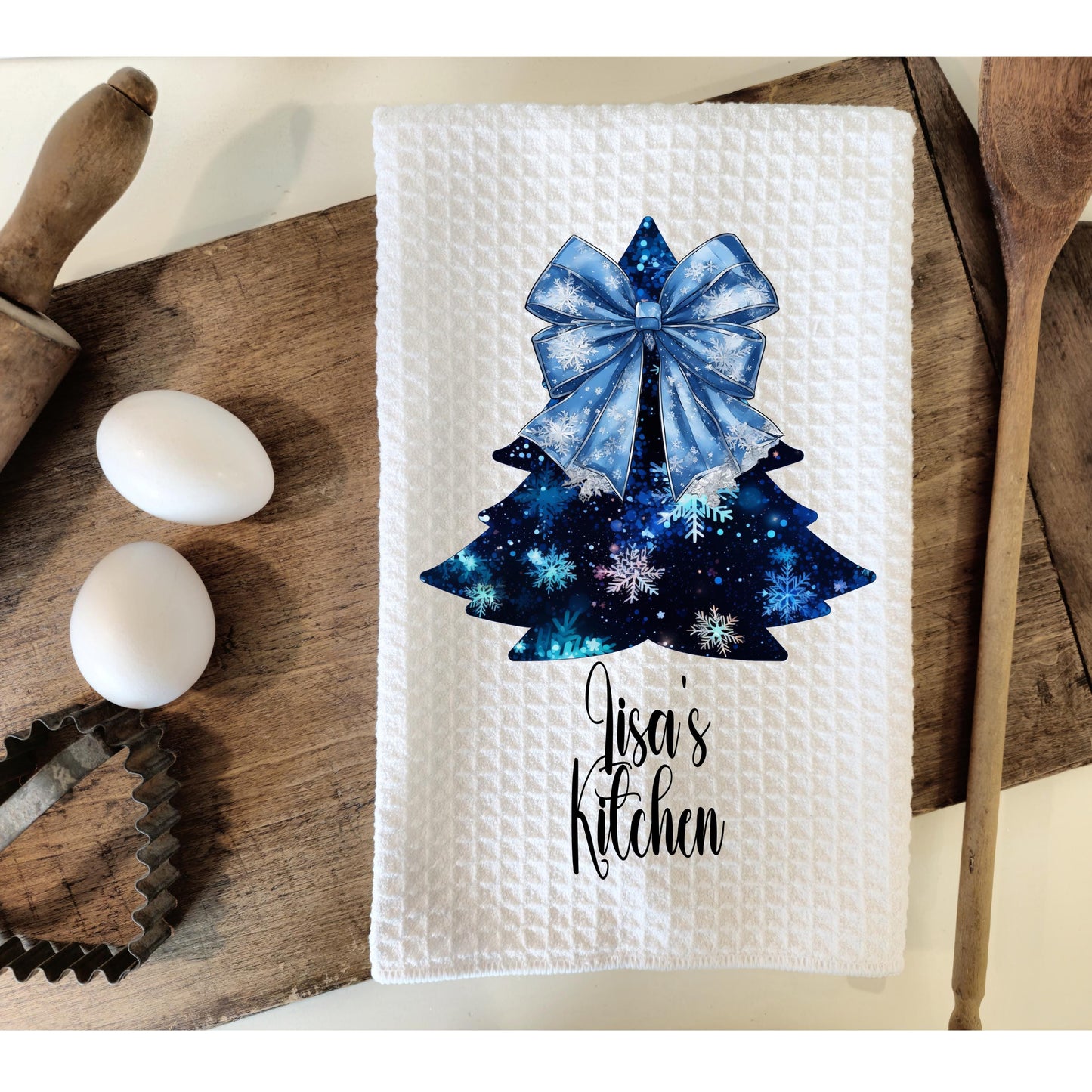 Personalized Blue Christmas Tree Kitchen Towel - Unique Holiday Decor Gift