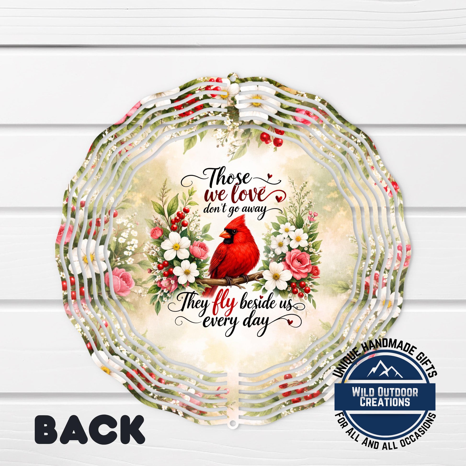 Cardinal Memorial Spinner - Vibrant Red Cardinal Garden Wind Spinner with Dogwood Flowers - outdoor setting