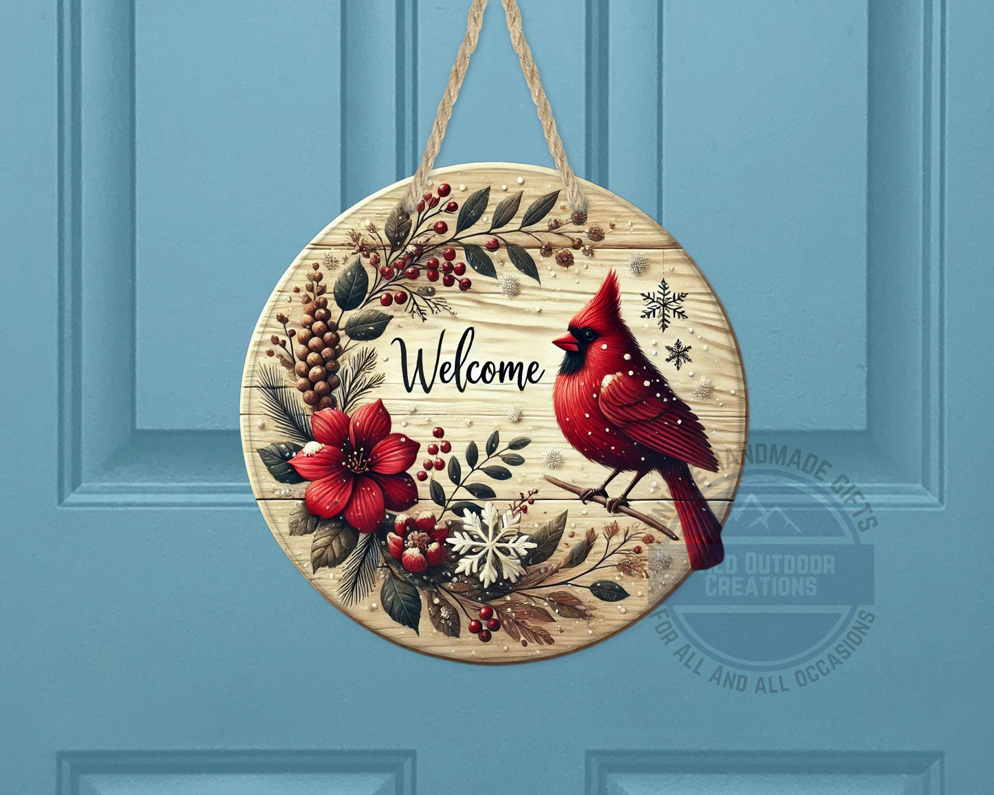 Cardinal Door Hanger - Winter Floral Wreath | Lightweight Aluminum Holiday Porch Sign