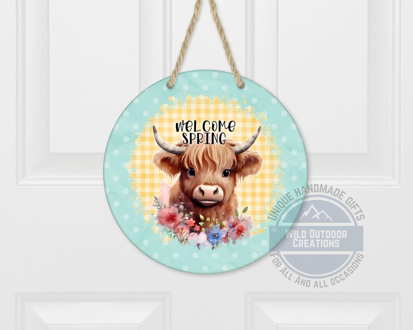 Welcome Spring Sign - Highland Cow Decor | Round Aluminum Front Porch Sign