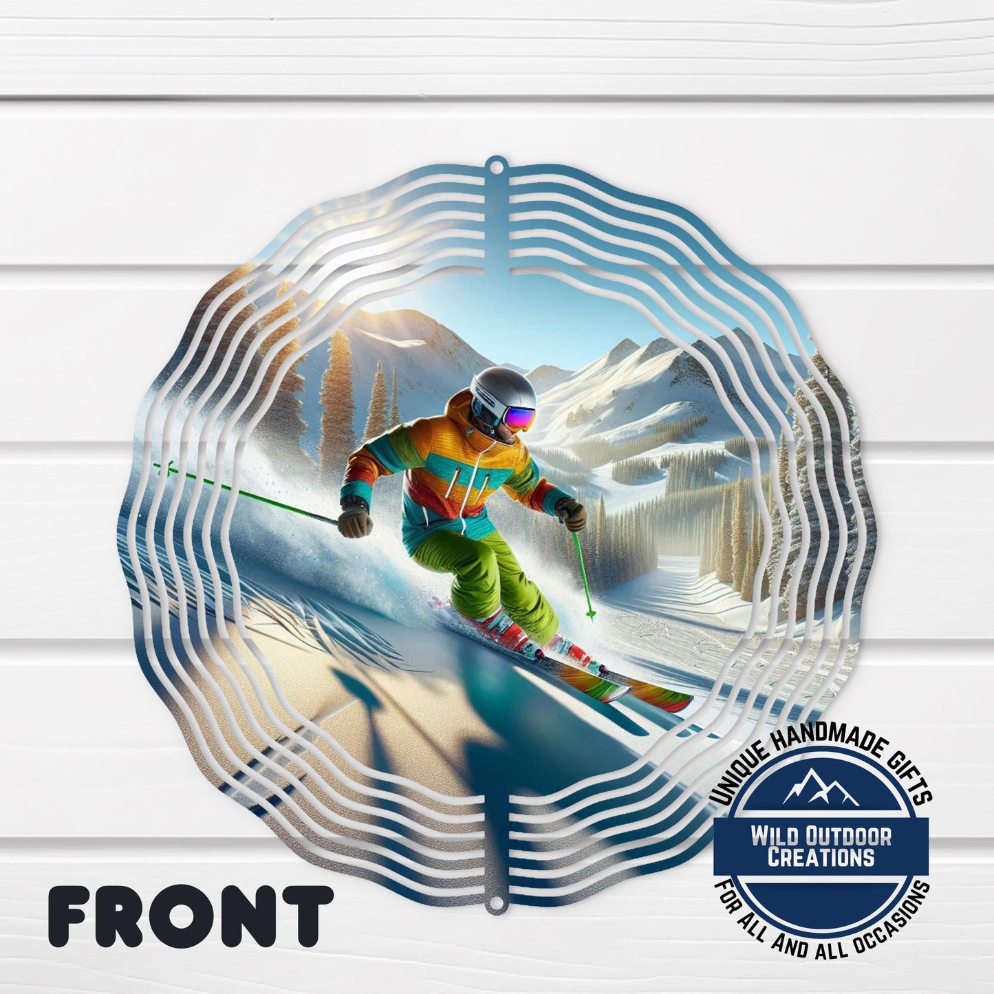 Skier Wind Spinner – Vibrant Double Sided Aluminum Art with 360 Degree Swivel