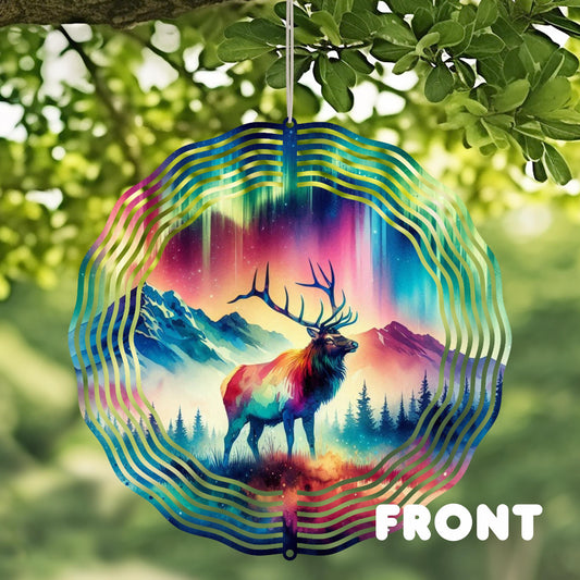 Elk Mountain Valley Wind Spinner - 10x10 Double-Sided UV Outdoor Art with Watercolor Northern Lights