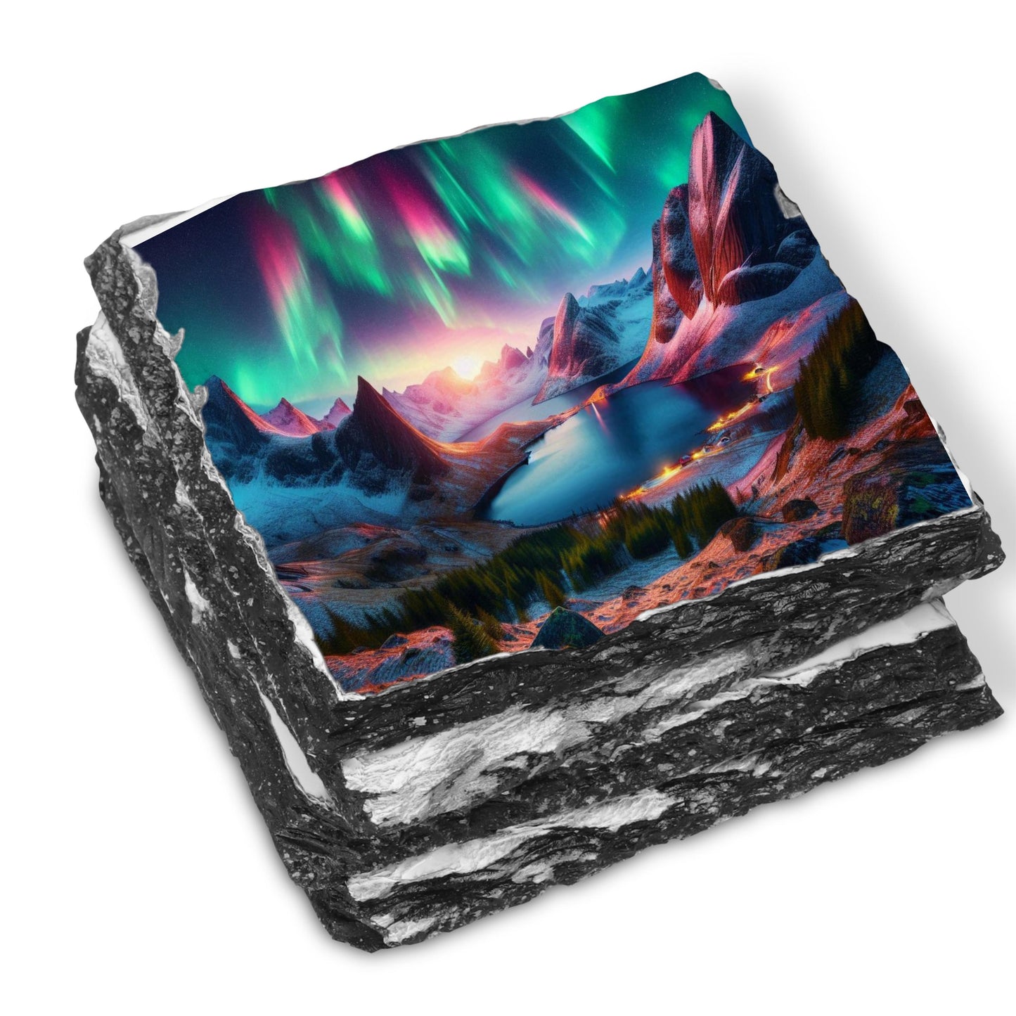 Mountain Lake Northern Lights Slate Coaster Set with Black Rack - Perfect Gift for Nature Lovers Featuring 4 Scenic Images and Fractured Edges