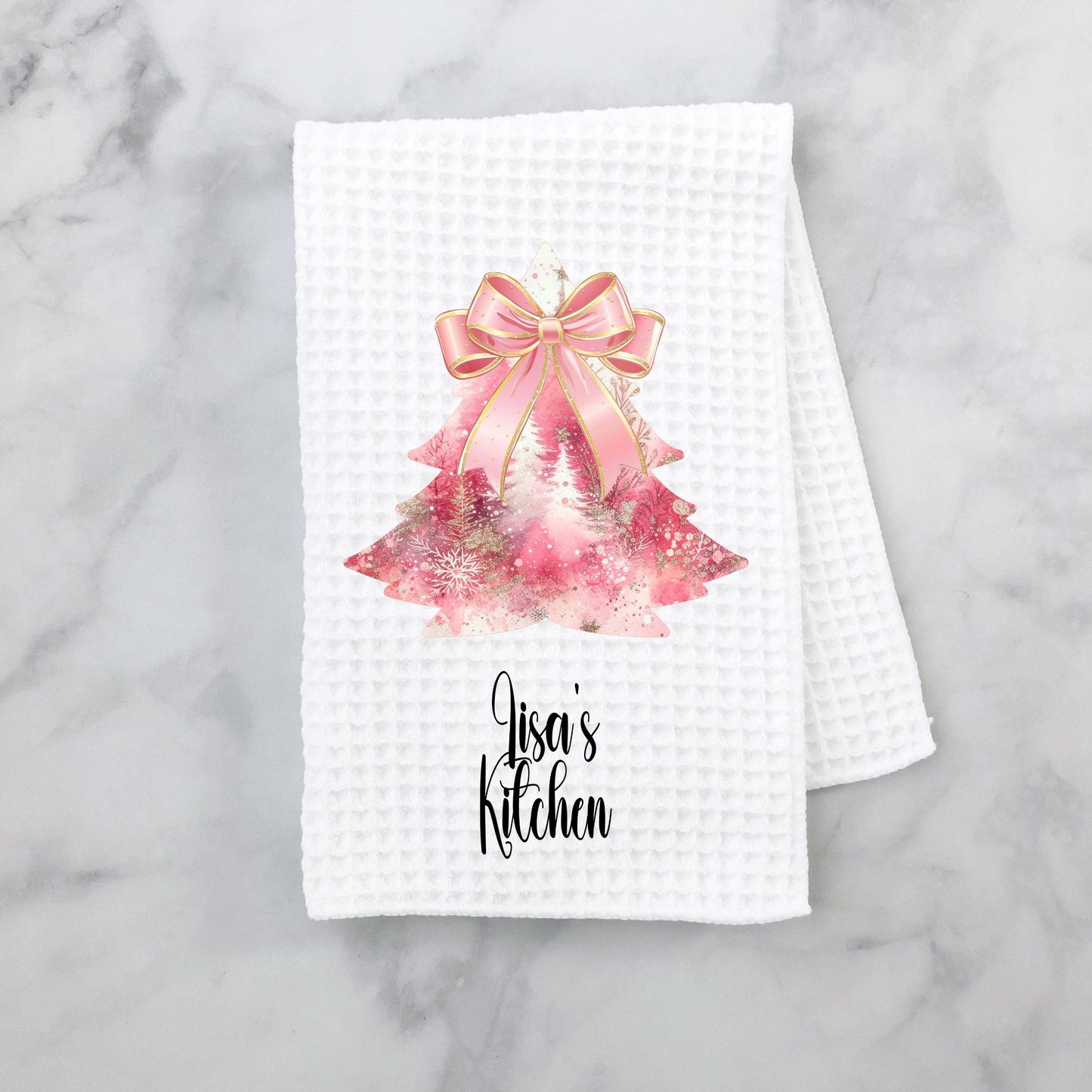 Personalized Christmas Tree Kitchen Towel in Pink Gold - Waffle Weave Design