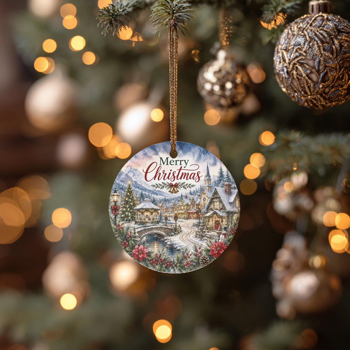 Ceramic Christmas Ornament, Snowy Church Village Scene, 3 Inch Round