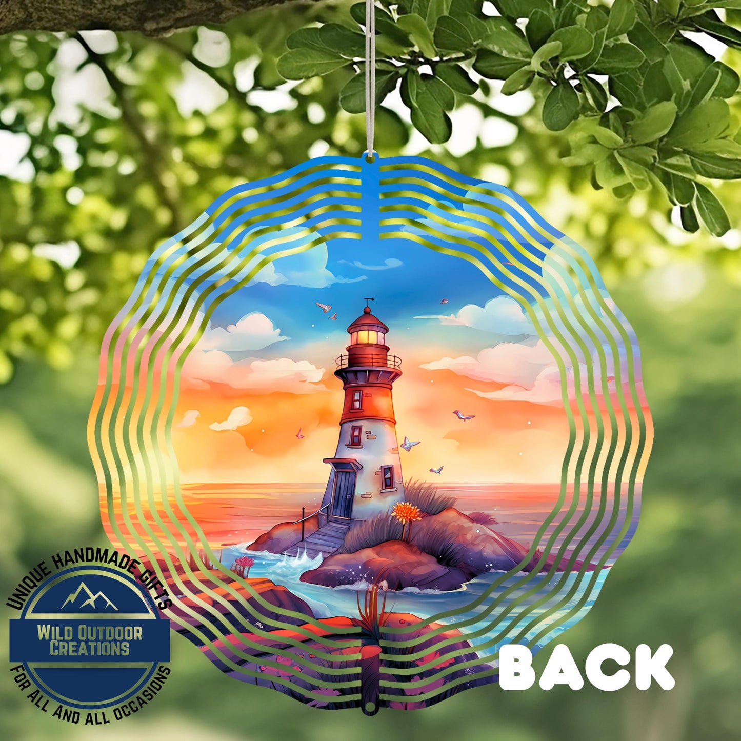 Watercolor Lighthouse Wind Spinner – Coastal Patio Decor with 360 Degree Swivel