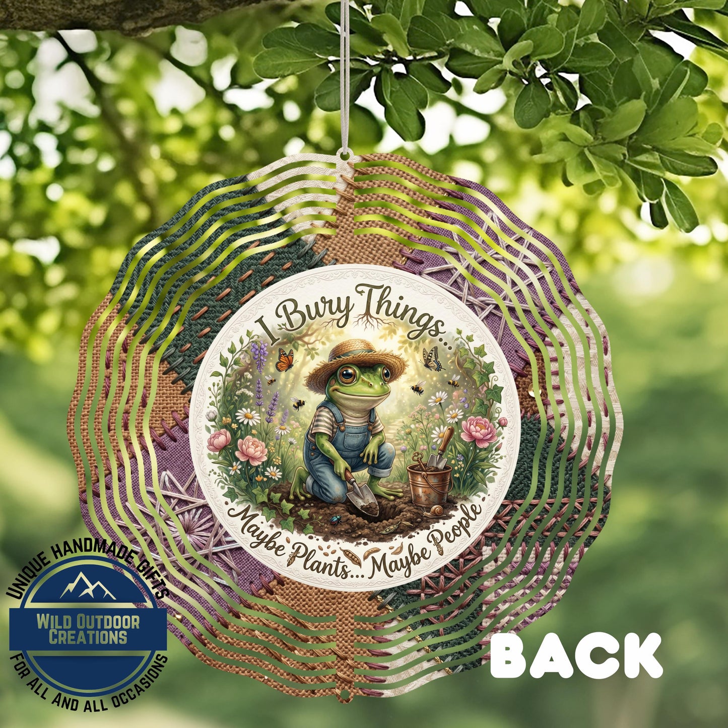 Frog Wind Spinner - Double Sided Aluminum Garden Spinner with Rustic Floral Accents