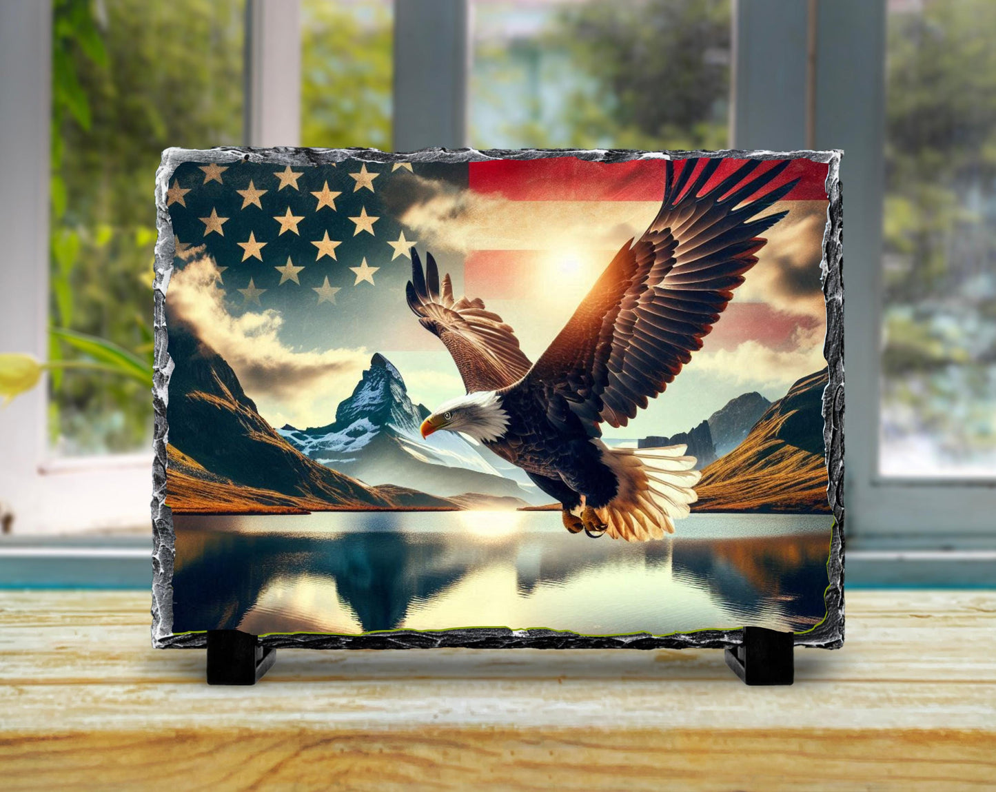 Patriotic Slate Sign - Bald Eagle Decor With American Flag Art & Mountain Lake