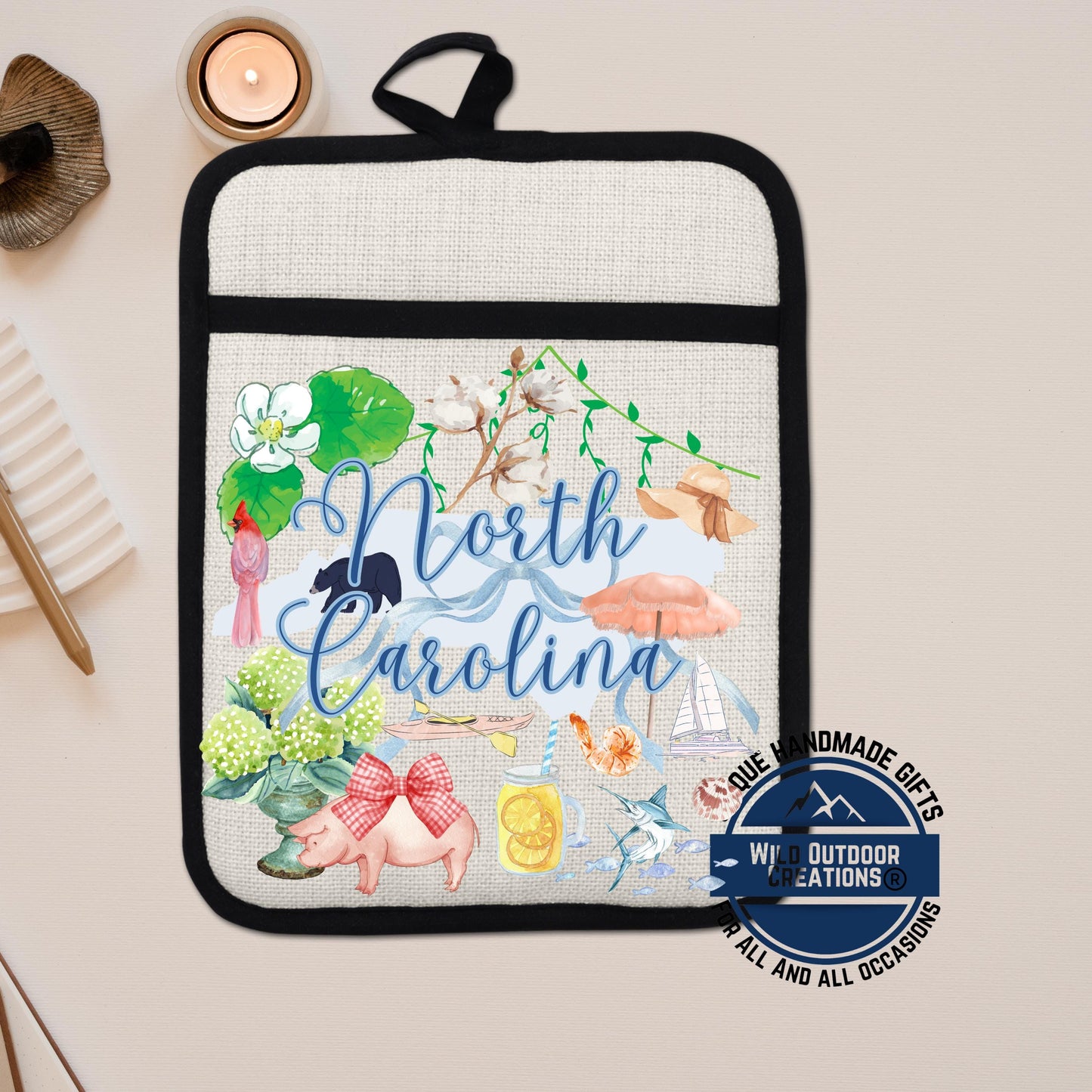 North Carolina Pot Holder - Non Slip Pocket Potholder with Linen Look Fabric - detail view