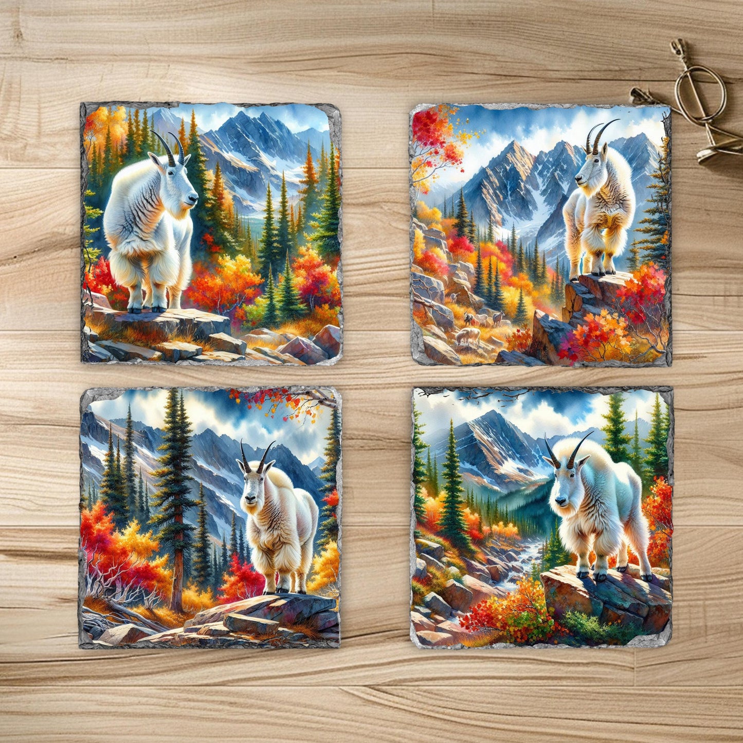 Handcrafted Slate Coaster Set with Fall Mountain Goat Designs - Perfect Gift for Nature Lovers