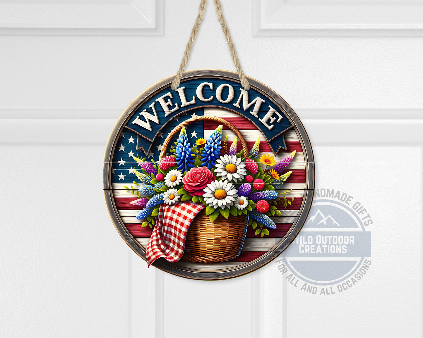 Patriotic Door Hanger - Aluminum Outdoor Sign With American Flag & Floral Basket