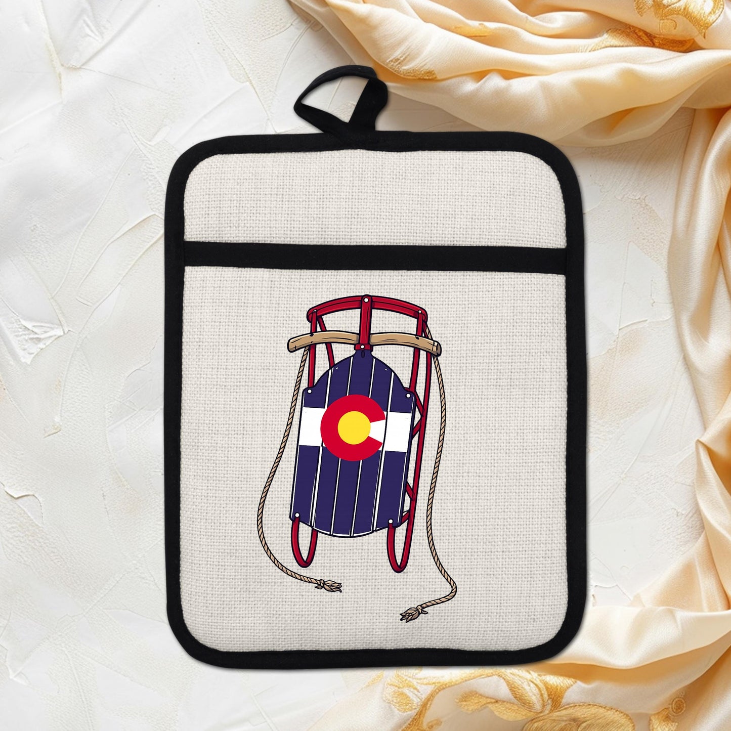 Colorado Sled Pot Holder - Linen Pot Holder with Silicone Back Trivet, Heat Resistant Oven Mitt