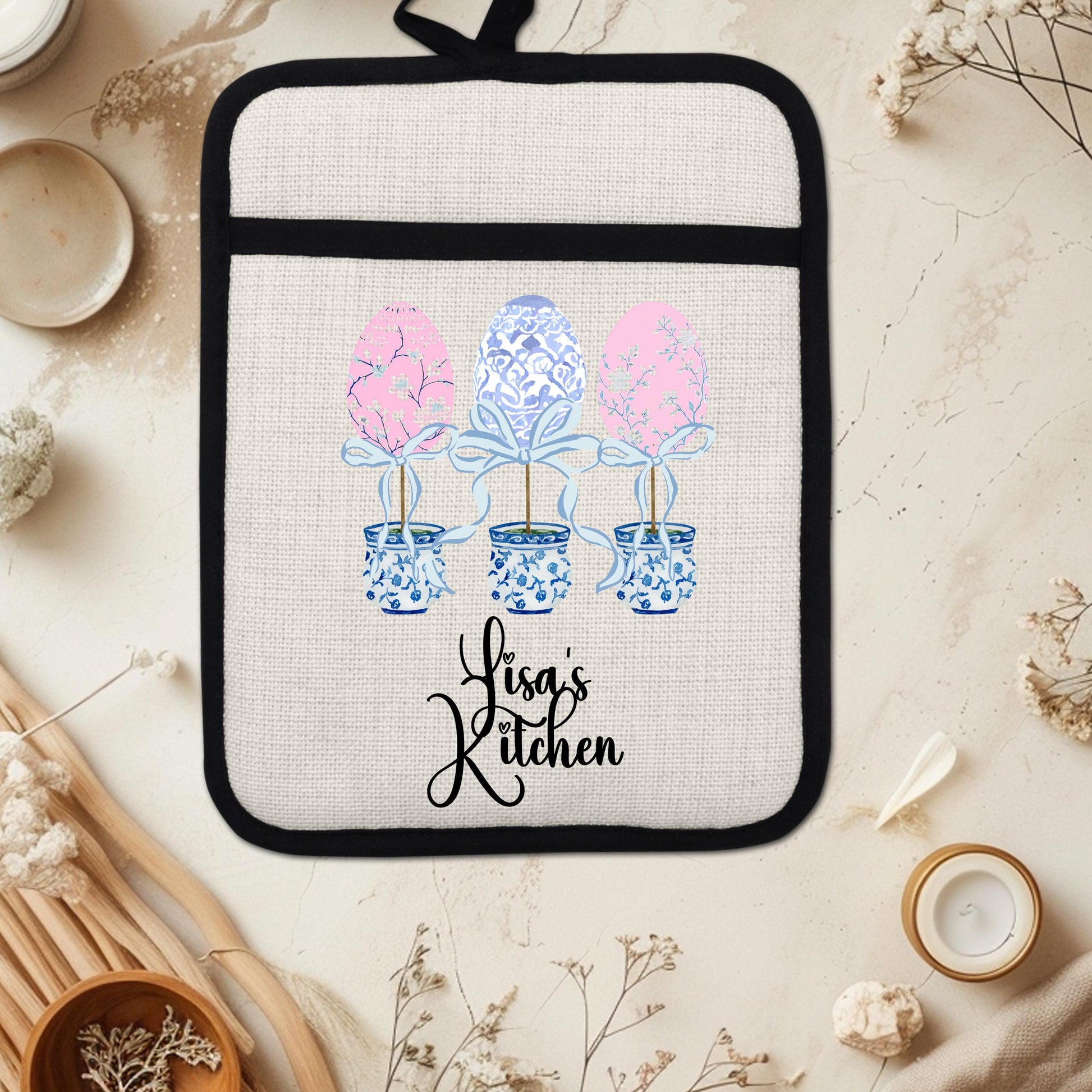 Personalized Easter Pot Holder – Custom Linen Kitchen Gift with Chinoiserie Eggs - detail view