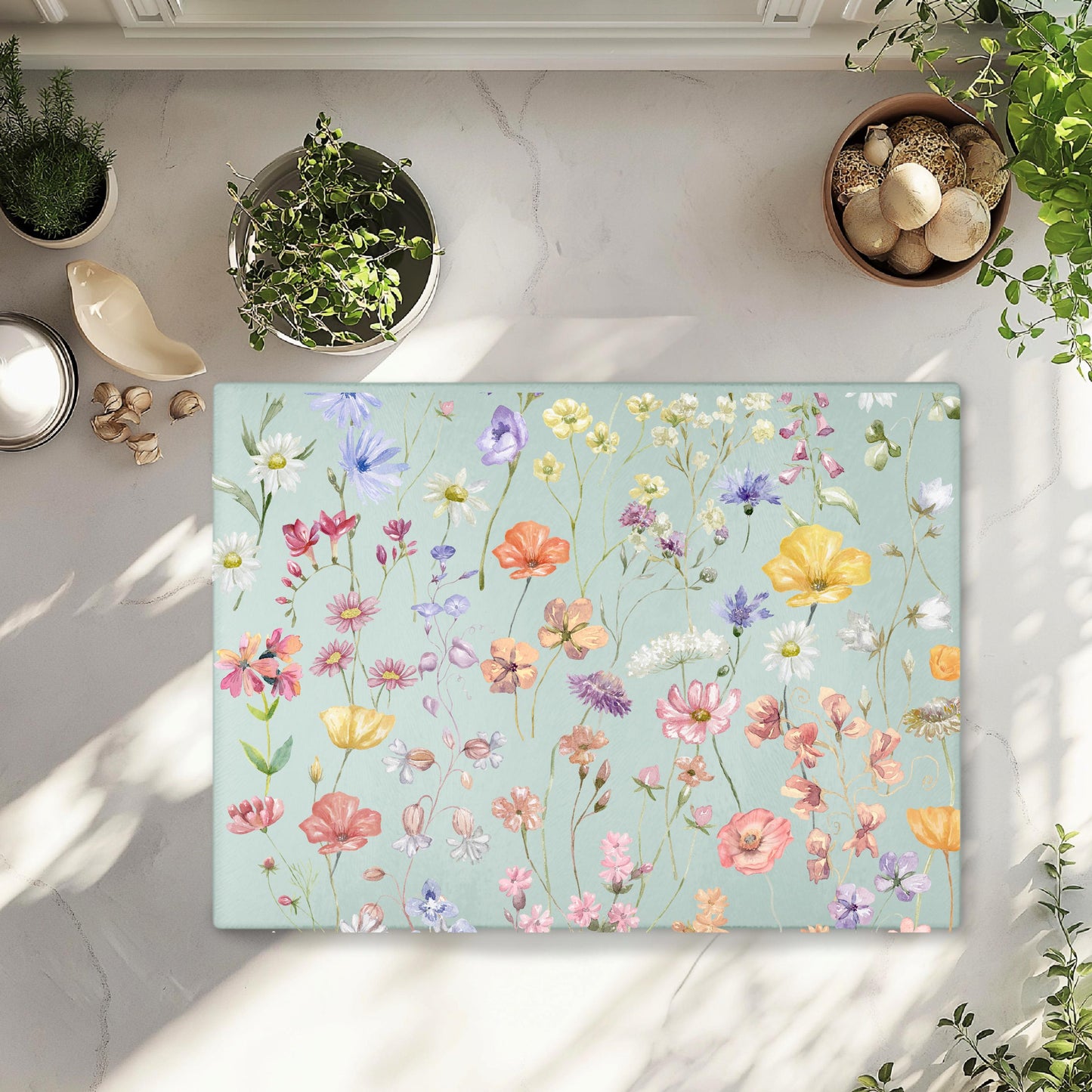 Boho Wildflowers Glass Cutting Board, Unique Kitchen Decor, Hostess Housewarming Gift, Unique Gift for Bride, Charcuterie Board, Textured