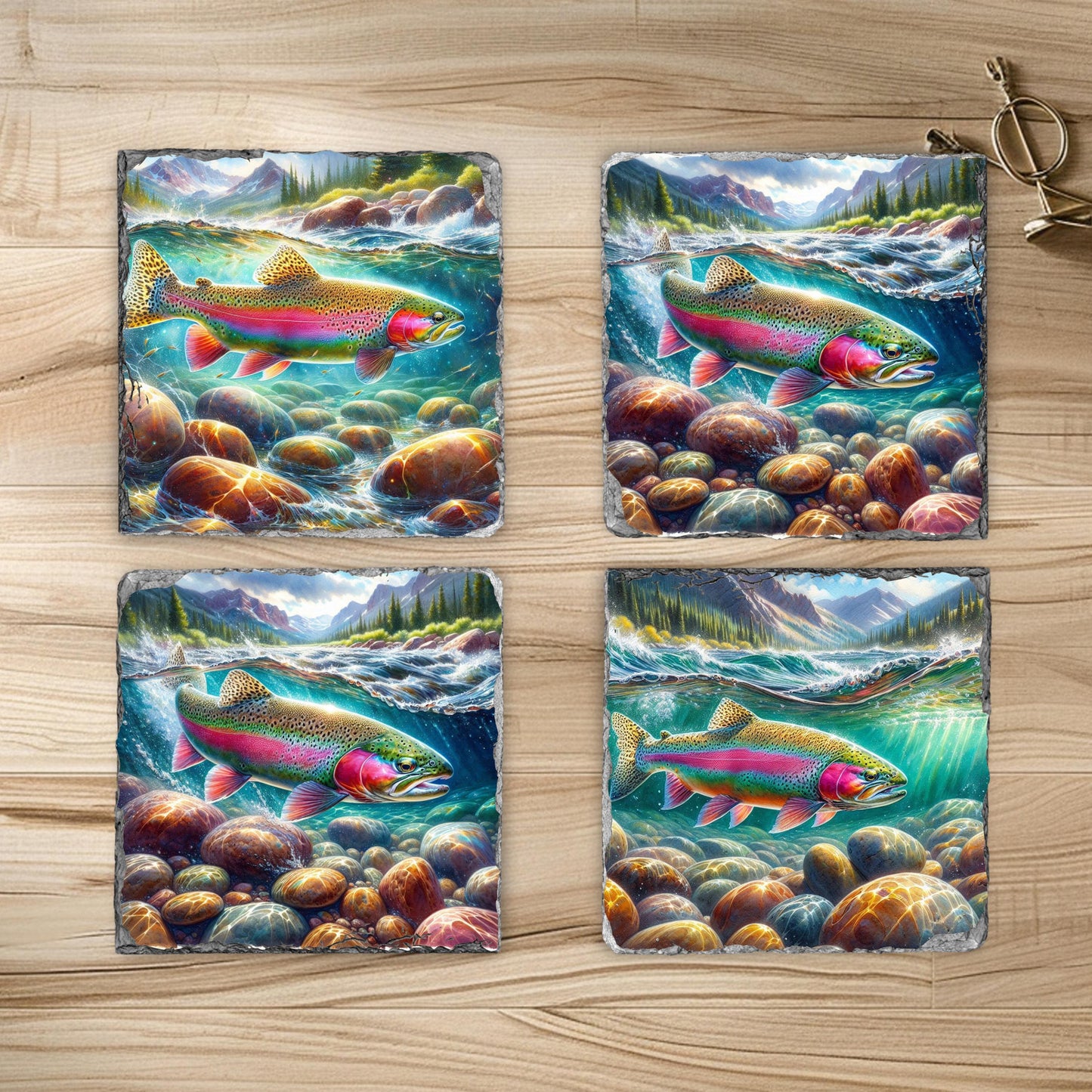 Rainbow Trout Slate Coaster Set with Fractured Edges  4 Sublimation Prints  Black Rack for Coffee Table or Gift
